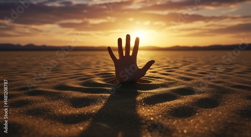 Reaching hand from sand dunes at sunset hope nature and perseverance
