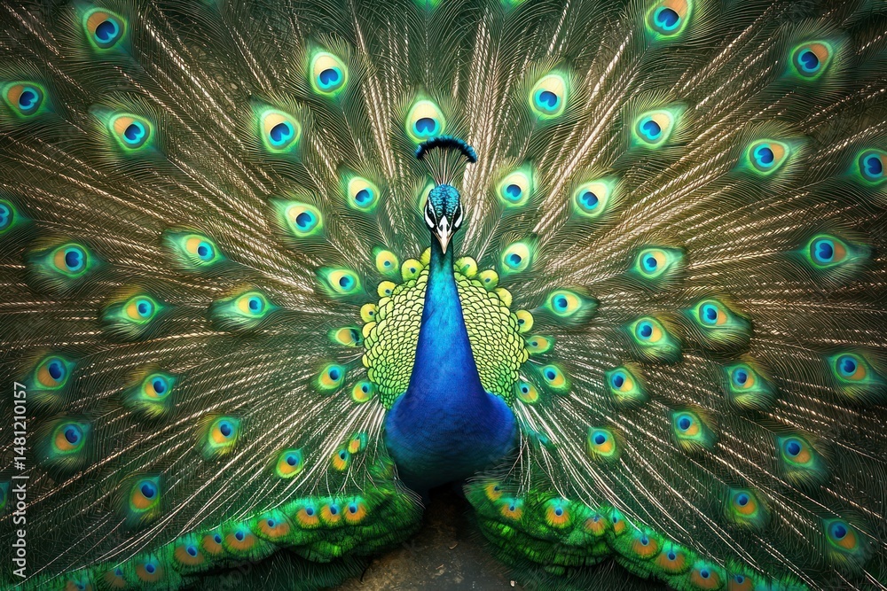 Obraz premium Colorful peacock displaying its vibrant and expansive tail feathers with eye-like patterns in a natural setting, showcasing beauty and elegance