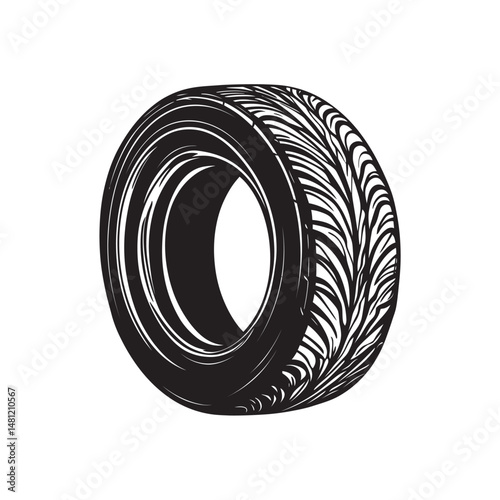 Black detailed car tire tread stands against a clean white background