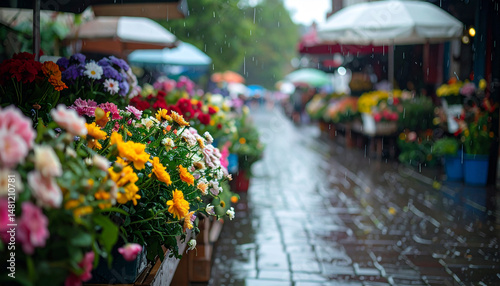 Wallpaper Mural A quiet flower market under a gentle drizzle, umbrellas dotting the scene, flowers glistening with raindrops Torontodigital.ca