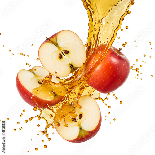 Crisp Red Apples with Dynamic Juice Splash Isolated on Transparent Background