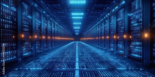 Futuristic data center hallway with glowing blue server racks and illuminated floor panels creating a high-tech  infinite tunnel effect