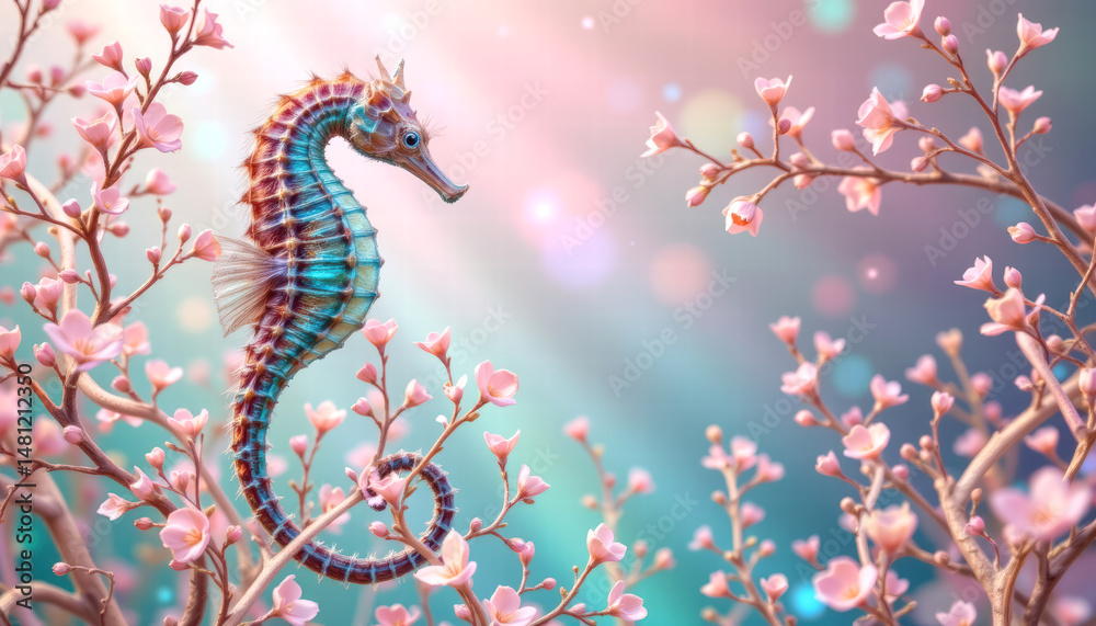 Obraz premium Beautiful seahorse gracefully swims among delicate pink cherry blossom branches, creating serene and enchanting underwater scene filled with soft colors and gentle light