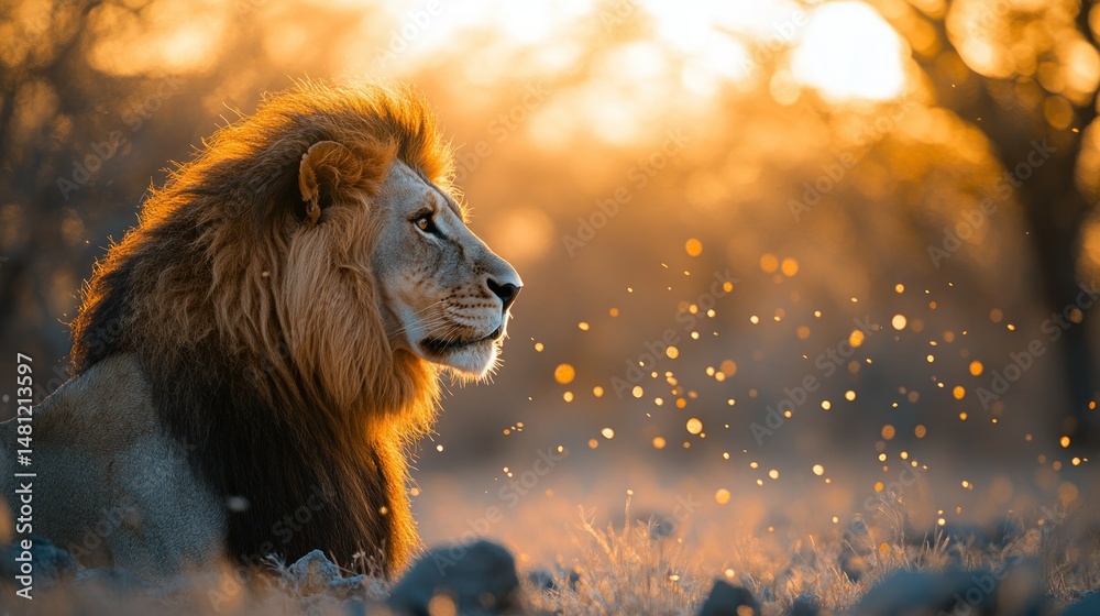 Naklejka premium Majestic lion basks in golden sunset