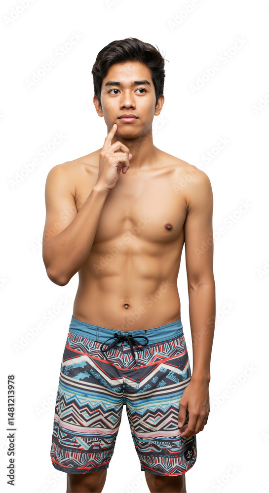 Fototapeta premium Young Asian man with a thoughtful expression, shirtless and wearing colorful patterned board shorts, posing against a transparent background in a studio setting.