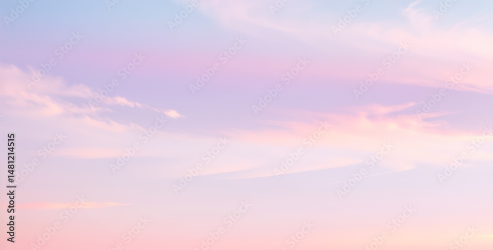 Obraz premium Soft pastel sky with pink purple and blue clouds at sunrise or sunset.