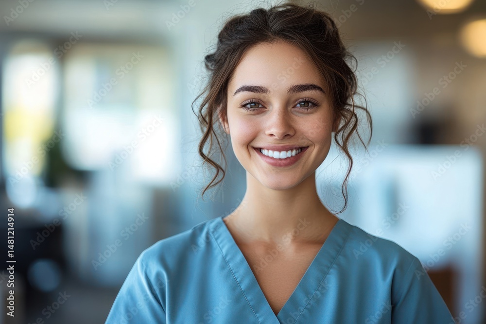 Fototapeta premium Young woman healthcare professional smiling warmly in a bright, modern medical or clinical setting wearing blue scrubs
