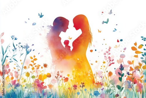 Mother and Child Silhouette in Colorful Watercolor Floral Design