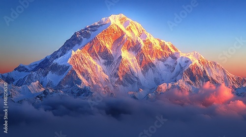 Majestic mountain peak bathed in golden sunrise light, towering above clouds photo