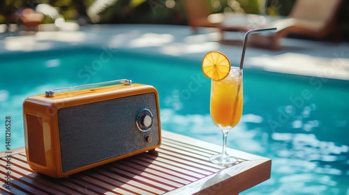A vintage radio and a tropical drink sit by a pool on a bright sunny day, creating a relaxed atmosphere.