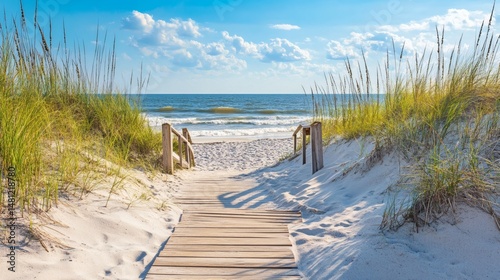 A wooden boardwalk leads to a beautiful sandy beach on a sunny day.