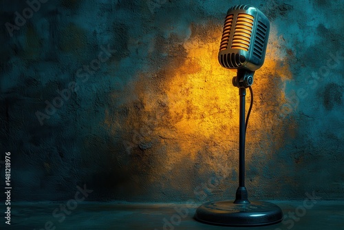 Vintage Retro Style Microphone on Stand with Glowing Golden Light Against Dark Textured Background