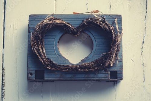 Vintage Cassette Tape with Heart Shape Cutout and Natural Decor Element