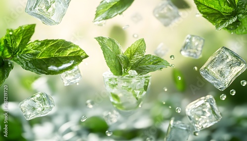 Fresh mint leaves and ice cubes in a glass.