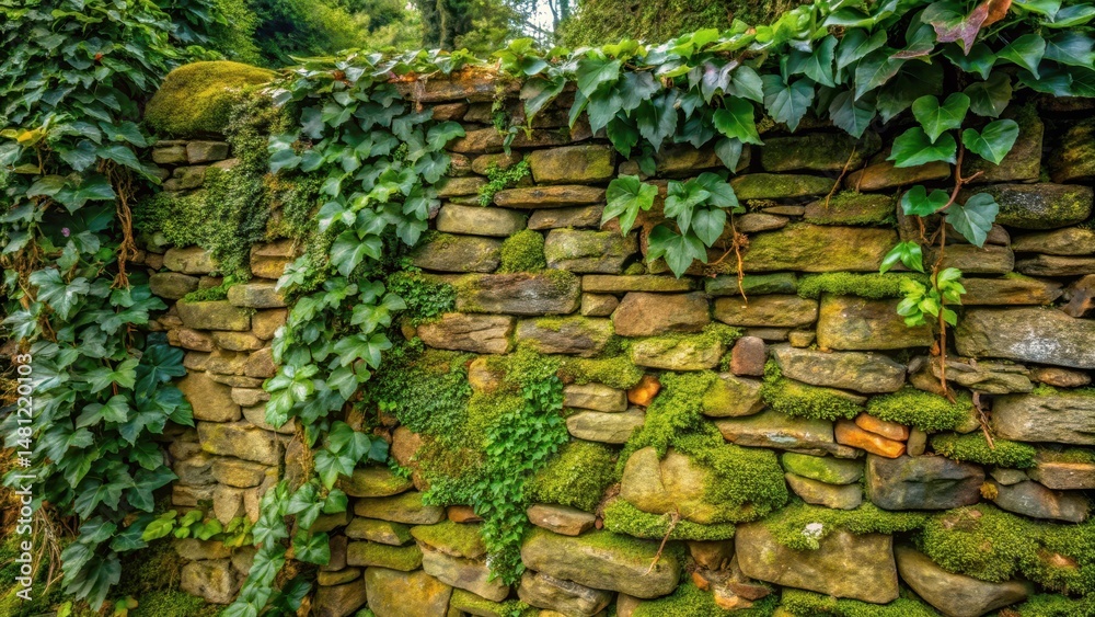 Fototapeta premium Ancient stone wall with ivy and moss, landscape, rustic