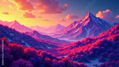 Geometric digital landscape with vibrant hues, technology, geometric