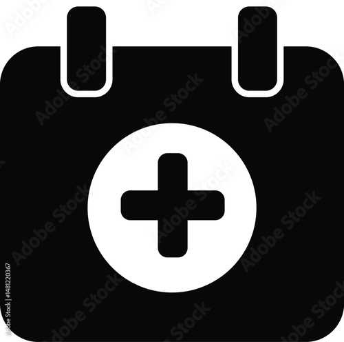 simple calendar illustration with cross symbol, healthcare or medical black and white icon design