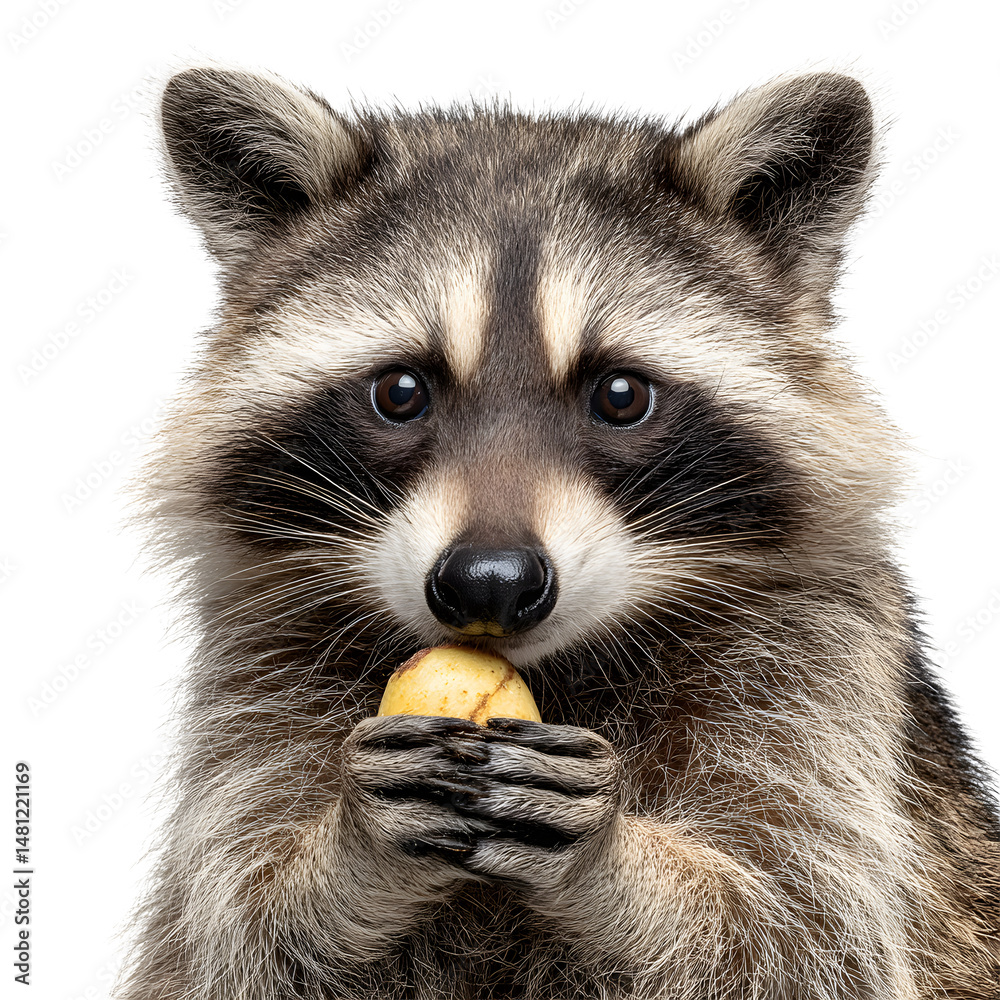 Obraz premium Raccoon portrait: Striking animal close-up on black background, clutching a small fruit with both paws.