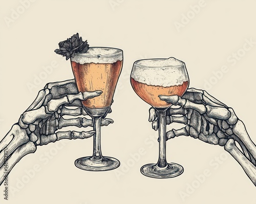 Detailed drawing of two skeletal hands holding and toasting with two glasses filled with a foamy amber beverage, one garnished with a flower, on a neutral background