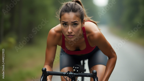 Determined Female Cyclist in Intense Road Race