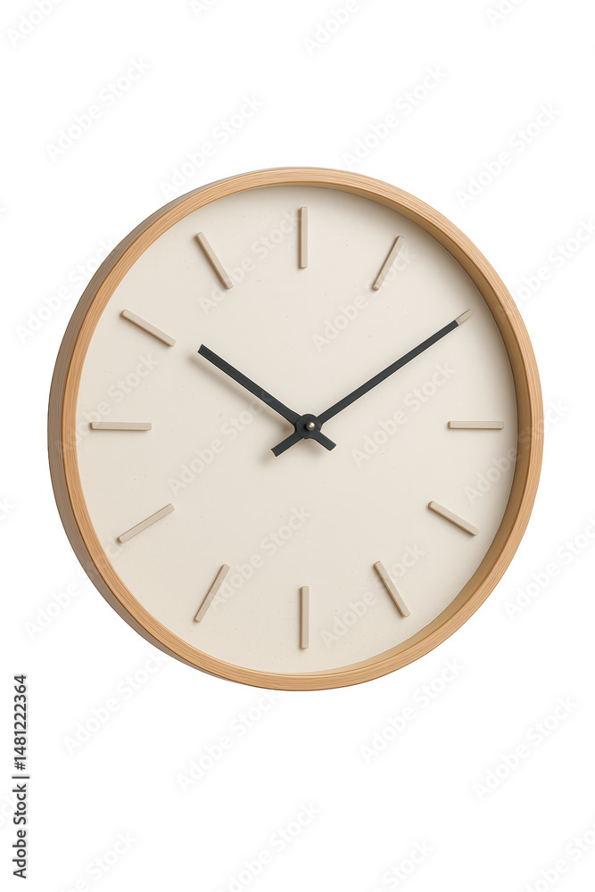 Minimalist round wall clock with light beige face, black hands, and light wood frame on transparent background Minimalist round wall clock with light beige face, black hands, and light wood frame on transparent background