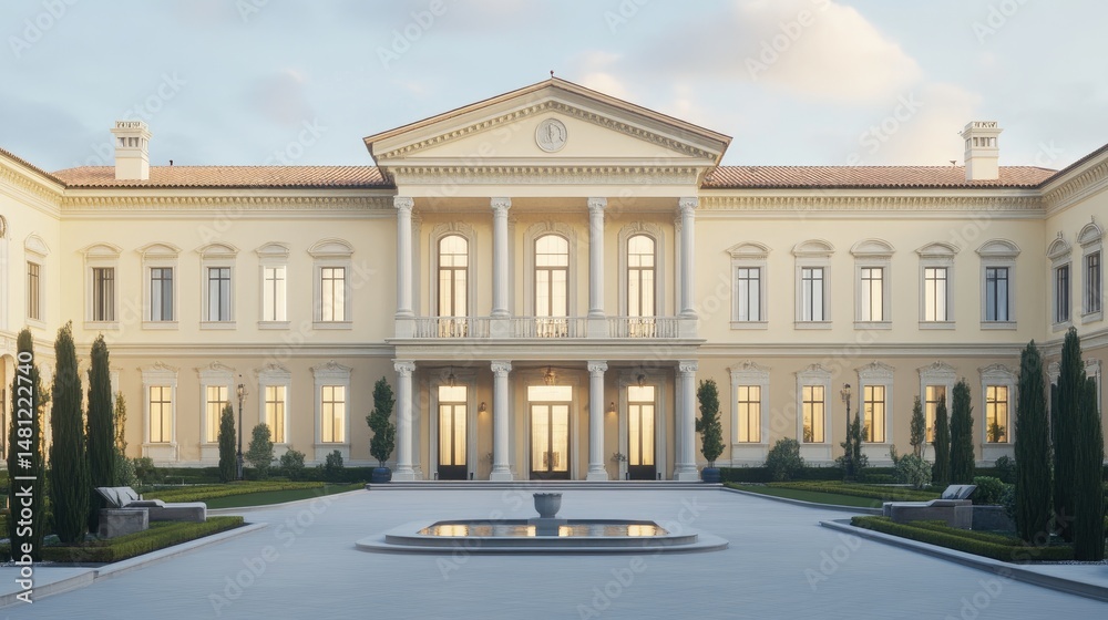 Fototapeta premium Elegant facade of a large estate home at twilight.