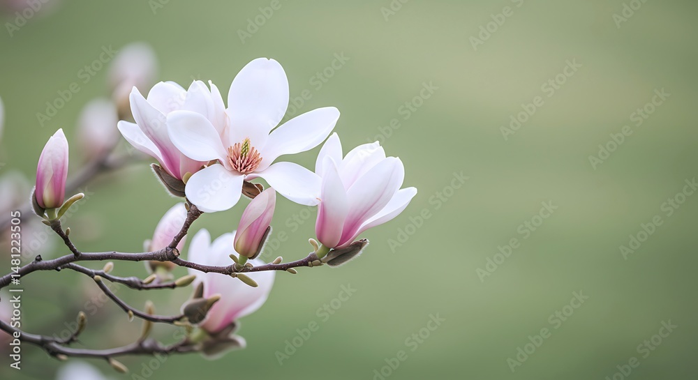 Obraz premium Close-Up of Magnolia Flowers in Full Bloom with Pink Tips Against a Soft Green Background