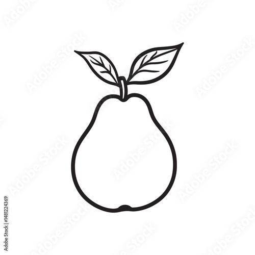 Black outline defines a stylized pear fruit, highlighted by leaves on a transparent background