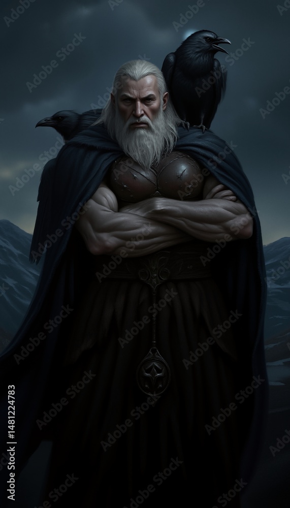Stoic, aged warrior stands with crossed arms, shadowed by ravens against a stormy mountain backdrop. Stoic, aged warrior stands with crossed arms, shadowed by ravens against a stormy mountain backdrop.