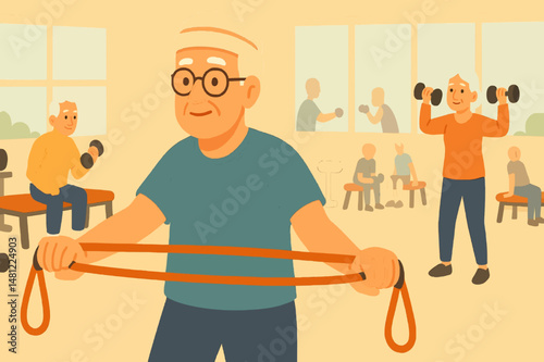 Active Senior in Vibrant Gym elderly man using resistance bands in a public gym vector illustration