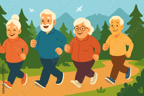 Active Seniors Enjoy Nature Walk Lifestyle athletes in real workout sessions older people exercising