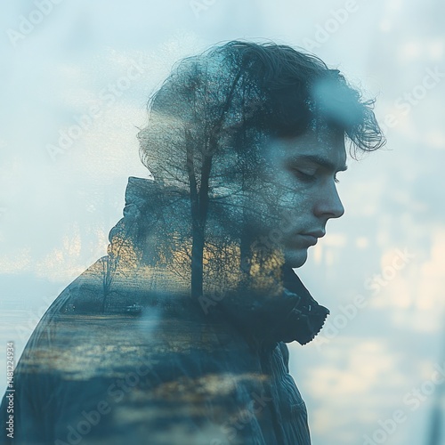 Portrait of a young man with curly hair and a jacket blending with a serene landscape of bare trees and a calm lake, evoking introspection and tranquility