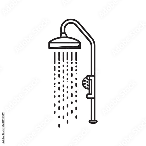 Black outline depicts a shower head with water stream, displayed against a white background