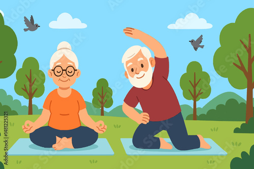 elderly couple doing yoga in a scenic park. The woman is sitting in lotus pose while the man stretches 