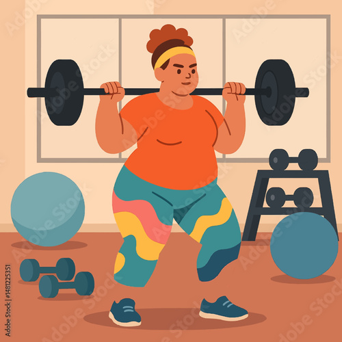 plus-size woman lifting a barbell confidently in a modern indoor gym surrounded by workout gear like dumbbells, yoga balls, and mirrors in the background