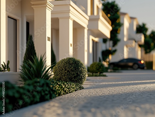 Modern suburban homes with landscaping at dusk.
