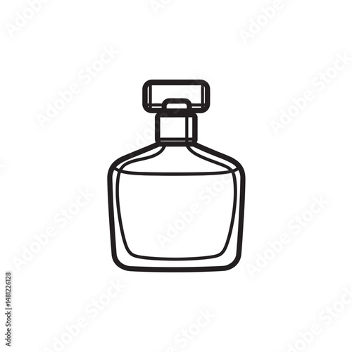 Black outline displays an empty vintage glass bottle with a distinct square cap on transparent background