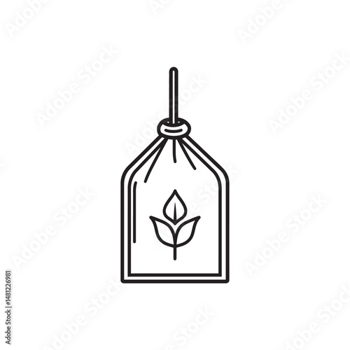 Black outline drawing displays seed packet with plant sprout on white background