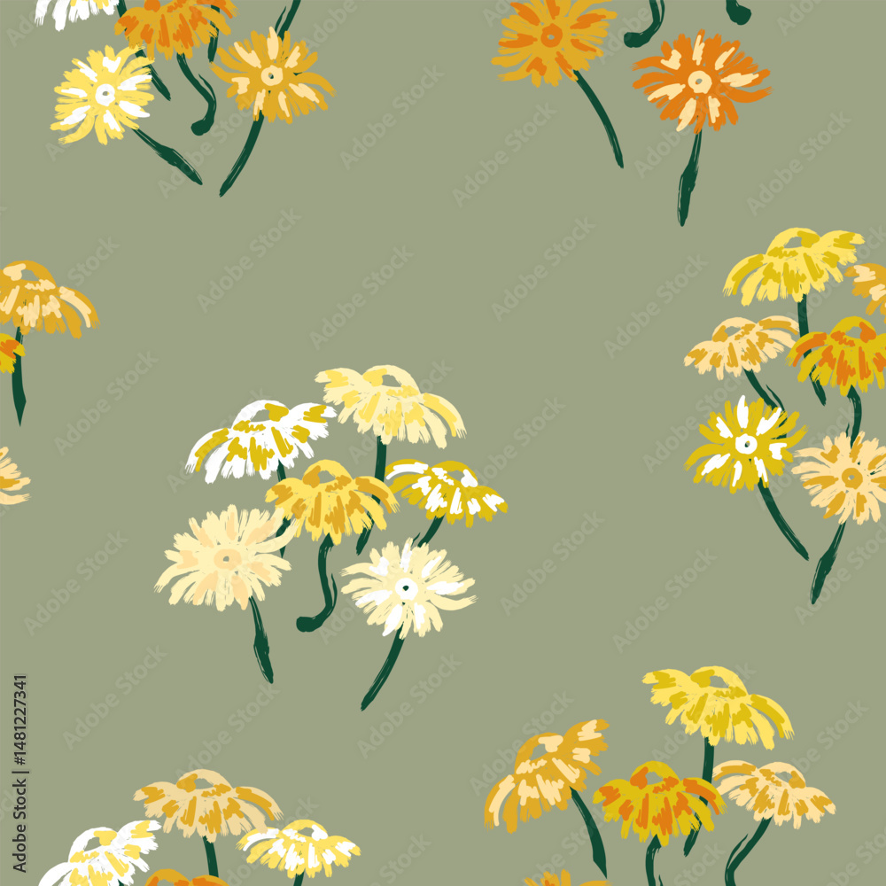 Obraz premium Chamomiles hand drawn seamless pattern. Sketch style. Perfect for textiles, wallpaper, stationery, and nature-inspired projects.