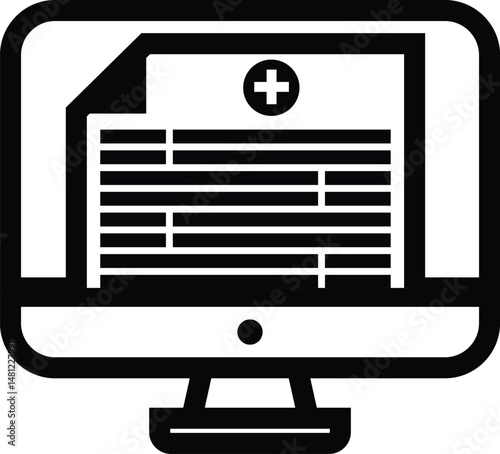 monitor with paper cross symbol illustration, healthcare or medical outline icon design