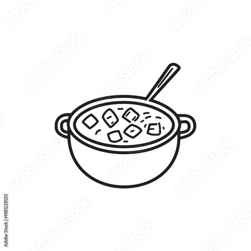 Black outline drawing shows a bowl of stew with a spoon on white