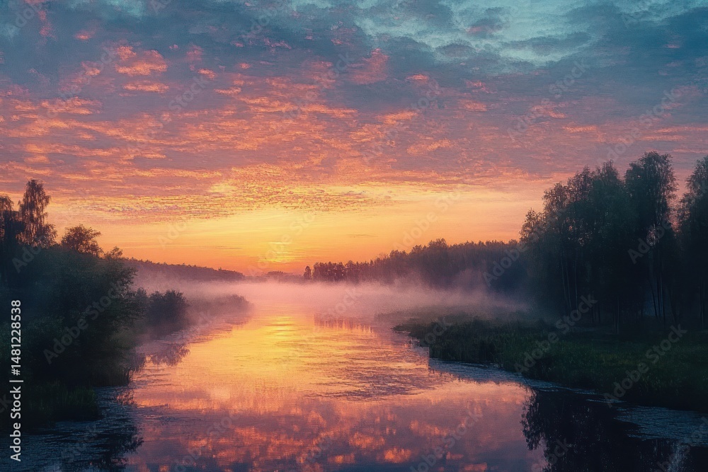 Obraz premium Serene river at sunrise with mist rising above the water and vibrant colors reflecting on the calm surface surrounded by dense forest under a cloudy sky