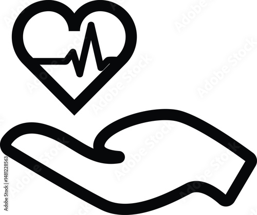 hand holding hearbeat symbol illustration, healthcare or medical outline icon design