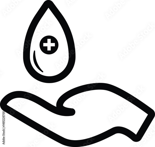 hand holding blood with cross symbol illustration, healthcare or medical outline icon design