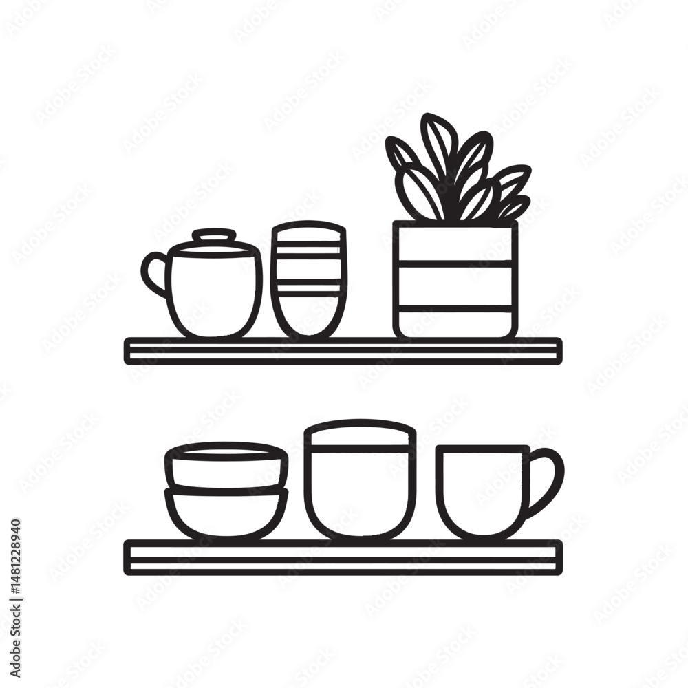 Fototapeta premium Black outline drawing shows shelves with kitchenware and a plant as a transparent background