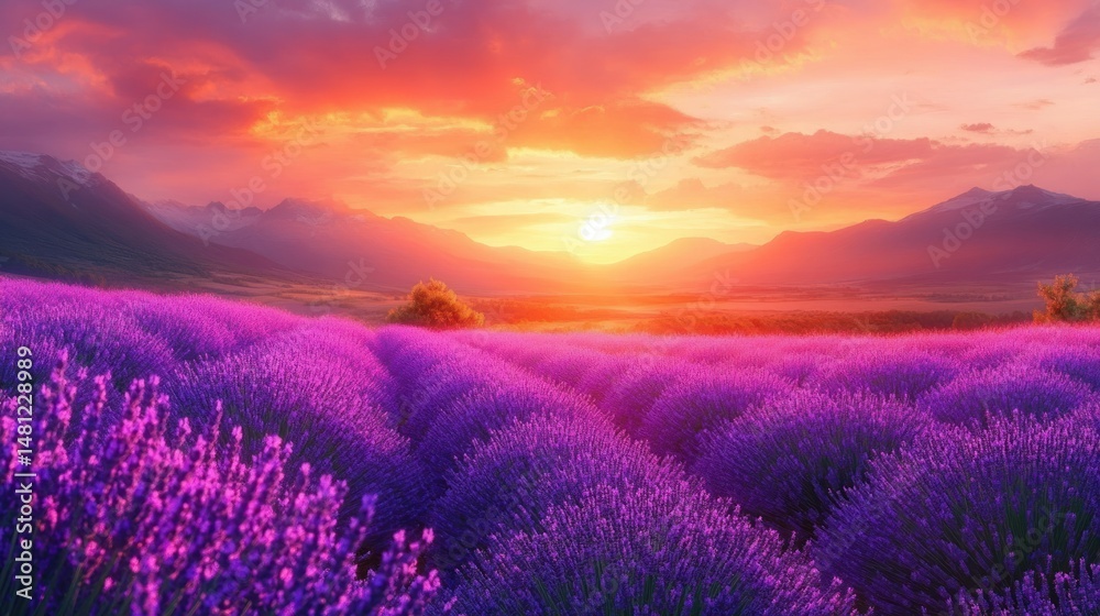 Fototapeta premium Vibrant purple lavender field under a fiery orange sunset with distant mountains and a dramatic sky full of glowing clouds