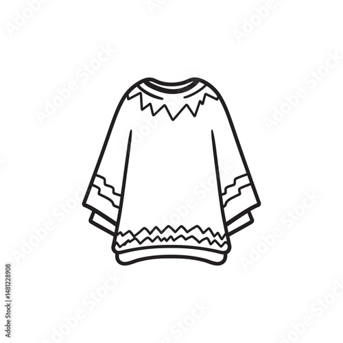 Black outline drawing shows a poncho with zigzag pattern near hem and neckline