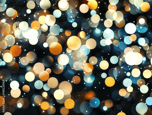 抽象的なぼかし光効果（Abstract blurred light effect）と、ピントを外したボケライトの背景（Defocused bokeh lights background）。ゴールド、ホワイト、ブルーの光の玉が暗い背景に広がるデザイン。フェスティブ、パーティー、ホリデーシーンに最適な抽象背景。
