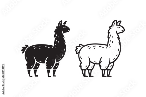A cute cartoon vector illustration features a funny llama charming farm animals