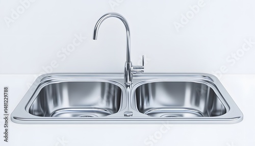 Stainless steel double basin kitchen sink with faucet.